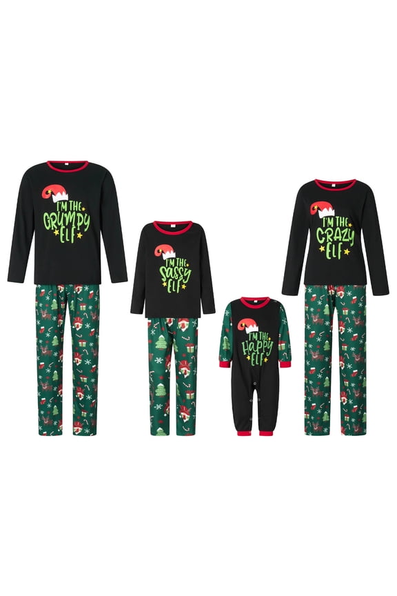 Christmas Pajamas for Family Long Sleeve Cartoon Elf Hat Print Tops + Cartoon Pants Set Winter Sleepwear