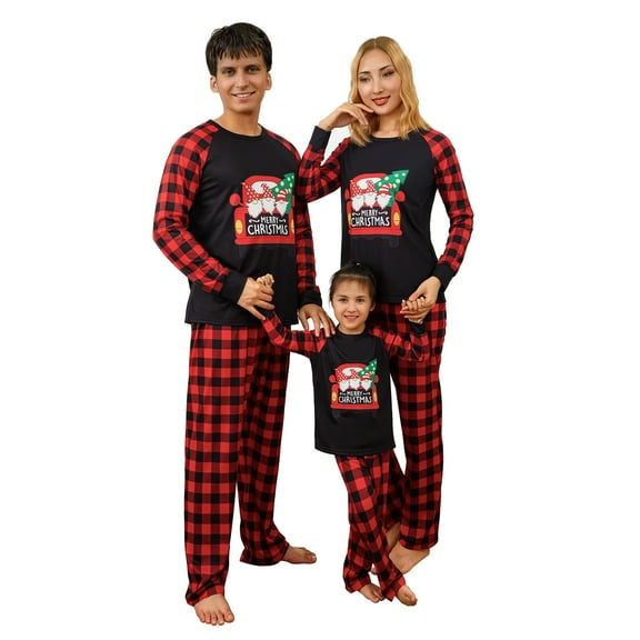 Christmas Pajamas for Family, Long Sleeve Gnome Truck Print Tops + Plaid Pants Set