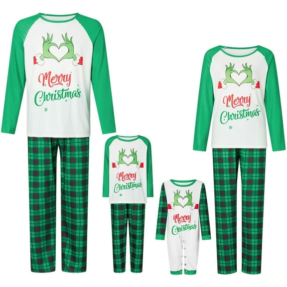 Christmas Pajamas for Family Long Sleeve Monster Hands Print Raglan Tops + Plaid Pants Set Sleepwear