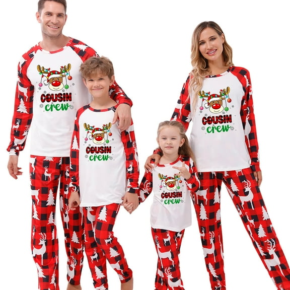 Christmas Pajamas for Family, Long Sleeve Reindeer Print Raglan Tops + Plaid Pants Set