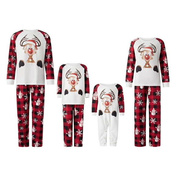 Christmas Pajamas for Family, Long Sleeve Reindeer Print Tops + Plaid Pants Set Sleepwear