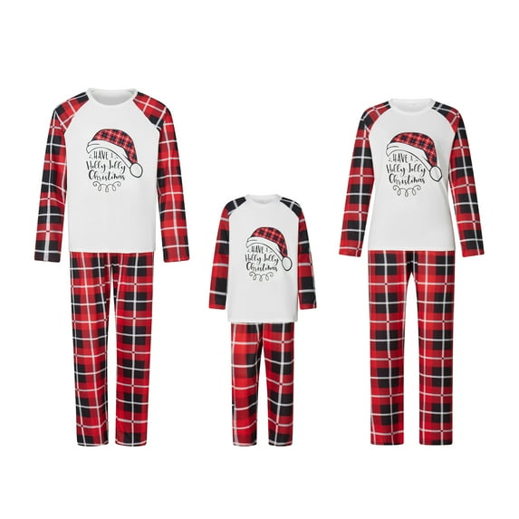 Christmas Pajamas for Family Long Sleeve Santa Hat Print Tops + Buffalo Plaid Pants Set Winter Sleepwear