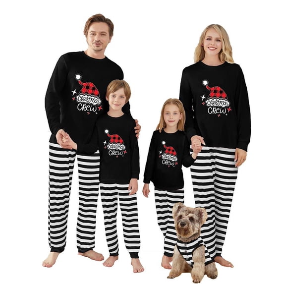 Christmas Pajamas for Family Long Sleeve Santa Hat Print Tops + Stripes Pants Set Holiday Sleepwear