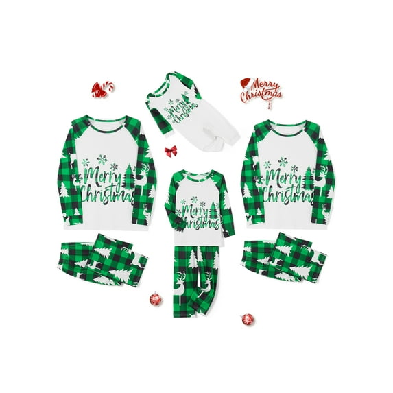 Christmas Pajamas for Family, Long Sleeve Snowflake Print Tops + Plaid Pants Sleepwear Set