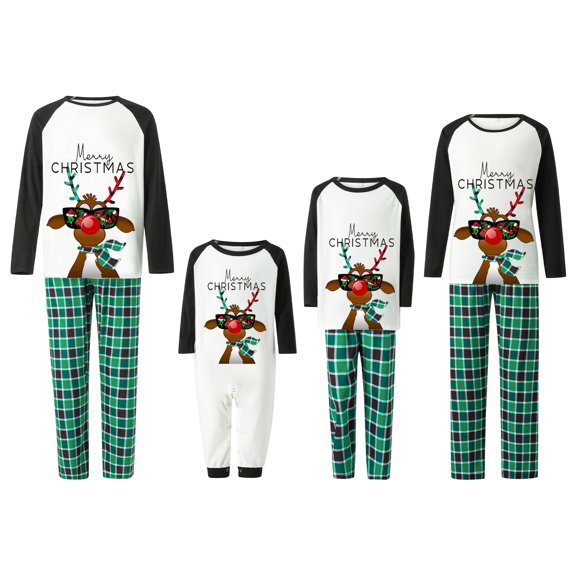 Christmas Pajamas for Family Long Sleeve Sunglasses Reindeer Print Tops   Pants Set Winter Sleepwear