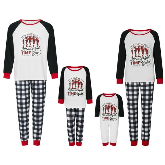 Christmas Pajamas for Family Long Sleeve Tree Letter Print Raglan Tops + Plaid Pants Set Winter Sleepwear