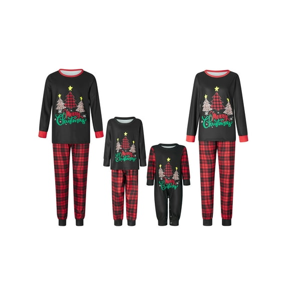 Christmas Pajamas for Family Long Sleeve Xmas Tree Pattern Tops + Buffalo Plaid Pants Sleepwear Set