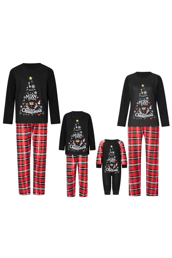 Christmas Pajamas for Family Matching PJ's Set Christmas Tree/Deer Print Top and Classic Red/Green Plaid Pants Men