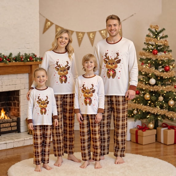 Christmas Pajamas for Family Plaid and Reindeer Print Holiday Matching Pajamas Sleepwear