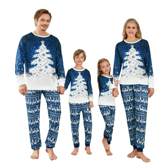 Christmas Pajamas for Family Snowflake Tree Print Long Sleeve Crew Neck Tops + Pants Set Sleepwear