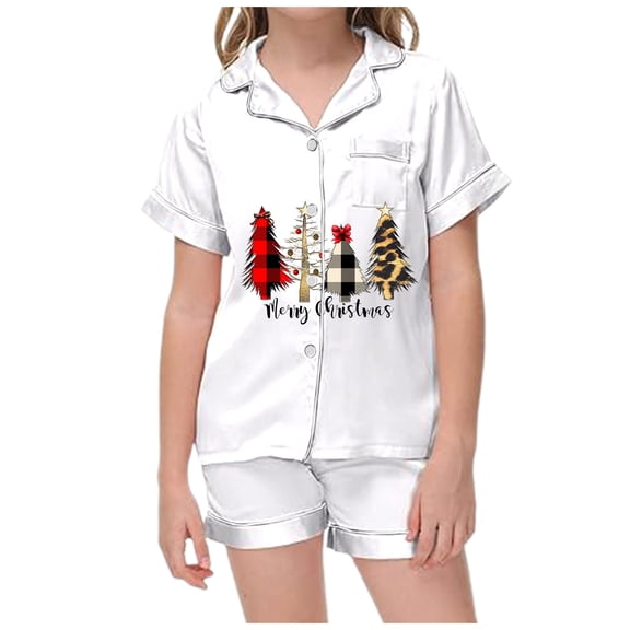 Christmas Pajamas for Girls Christmas Satin Silk Pajama Set Short Sleeves Button Down Shirt Shorts Classic 2 Piece Sleepwear Kids Christmas Pjs White