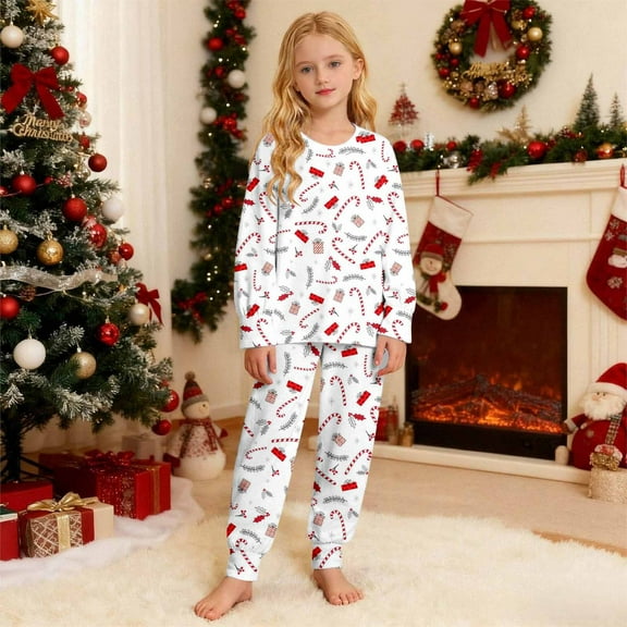 Christmas Pajamas for Kids Cozy Holiday Print Pajama Festive Flannel Long Sleeve Top Pants Soft Nightwear 2 Piece Set Kids Christmas Pjs White