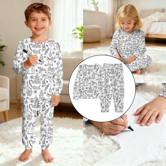 Christmas Pajamas for Kids Long Sleeve Holiday Themed Sleepwear Cozy Festive Print Soft Colorable 2 Piece Pajama Set Christmas Pjs Kids White