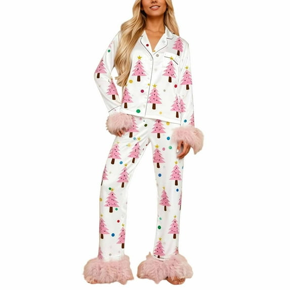 Christmas Pajamas for Women Bow Tie Long Sleeve Shirt Pants Satin Silk Funny Graphic 2 Piece Pjs Set Sleepwear