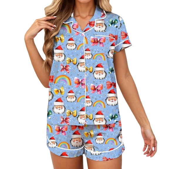 Christmas Pajamas for Women Printed Short Sleeve Button Down Shirt Comfy Shorts Holiday Soft Cozy Loungewear Pjs Sets for Women Blue S