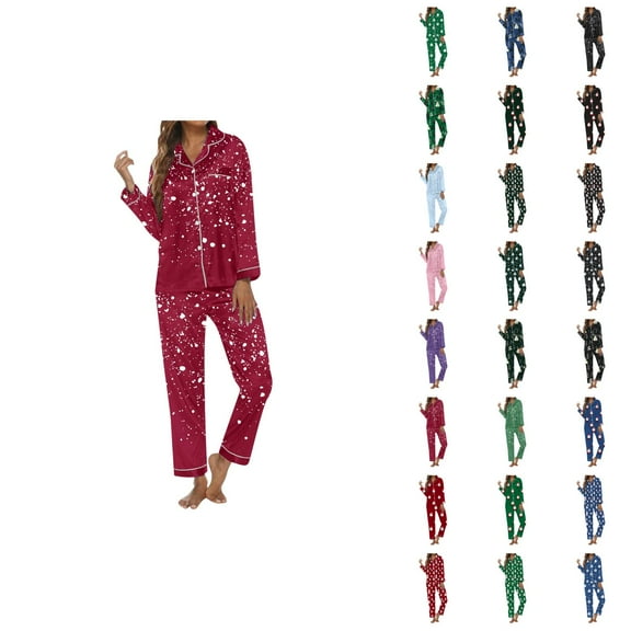 Christmas Pajamas for Women Set 2025 Silk Long Sleeve Button Collared Sleep Shirt and Pants Pjs Set Womens Pajama Sets
