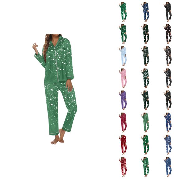 Christmas Pajamas for Women Set 2025 Silk Long Sleeve Button Collared Sleep Shirt and Pants Pjs Set Womens Pajama Sets