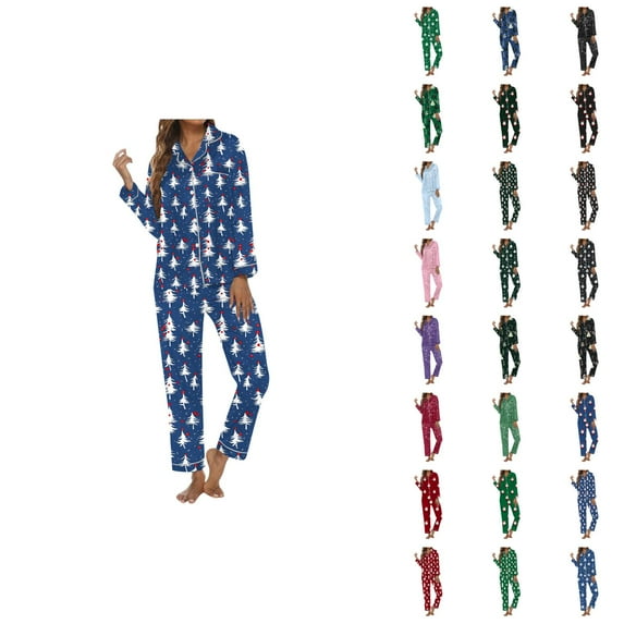 Christmas Pajamas for Women Set 2025 Silk Long Sleeve Button Collared Sleep Shirt and Pants Pjs Set Womens Pajama Sets