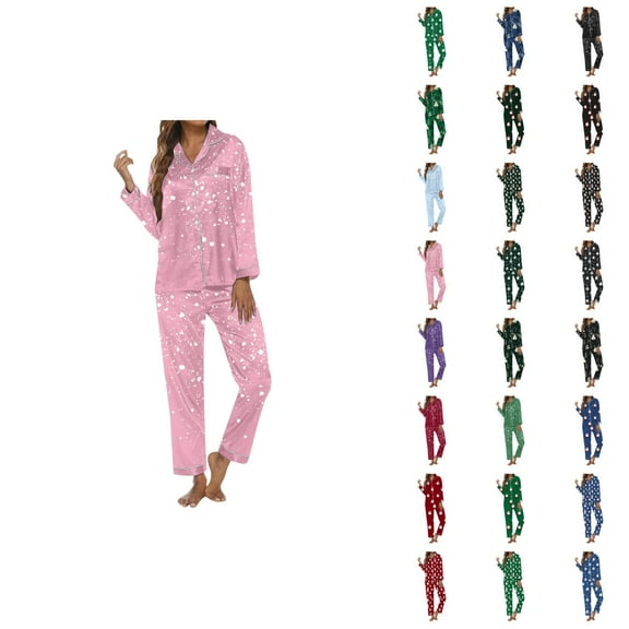 Christmas Pajamas for Women Set 2025 Silk Long Sleeve Button Collared Sleep Shirt and Pants Pjs Set Womens Pajama Sets