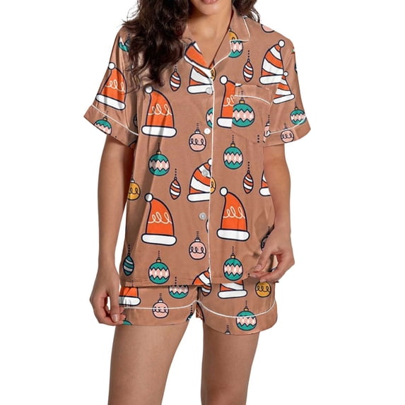 Christmas Pajamas for Women Set Women Pajamas Graphic Printed Silk Satin Cute Sleepwear Buttons Short Sleeve Tops Shorts Sets