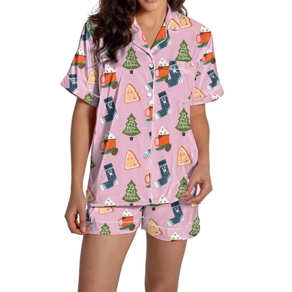Christmas Pajamas for Women Set Women Pajamas Graphic Printed Silk Satin Cute Sleepwear Buttons Short Sleeve Tops Shorts Sets