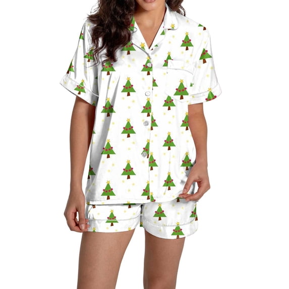 Christmas Pajamas for Women Set Women Pajamas Graphic Printed Silk Satin Cute Sleepwear Buttons Short Sleeve Tops Shorts Sets