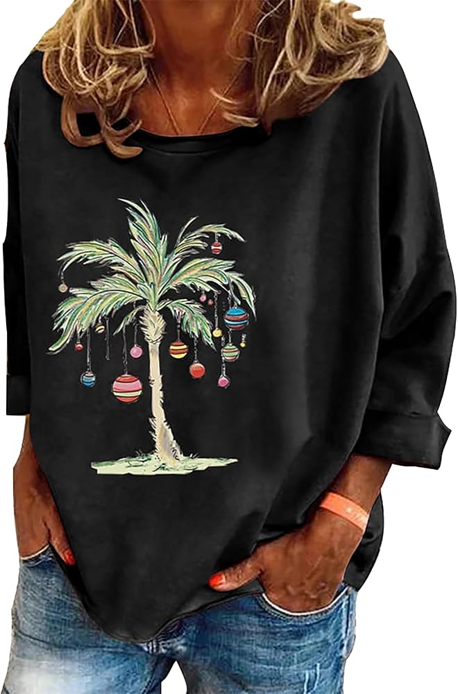 Christmas Palm Tree Shirt Pullover for Women Funny Merry Christmas Xmas