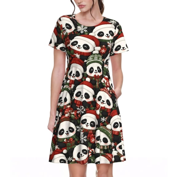 Christmas Panda Dresses Short Sleeve Nightdresses for Women