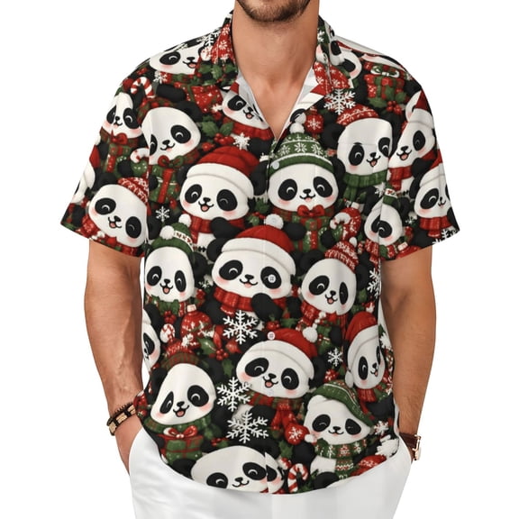 Christmas Panda Men's Shirts Short-Sleeved with All-Over Prints Button-Up Shirts