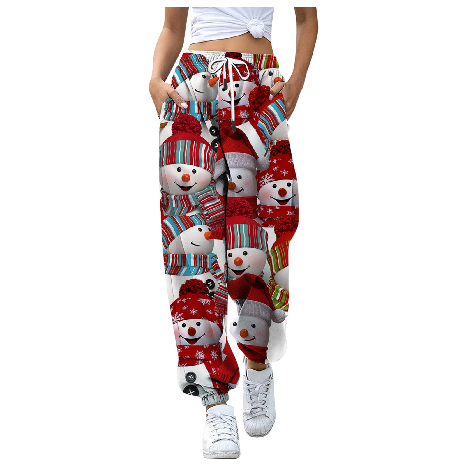 Christmas Pants Cute Santa Print Drawstring Elastic Baggy Jogger Sports ...