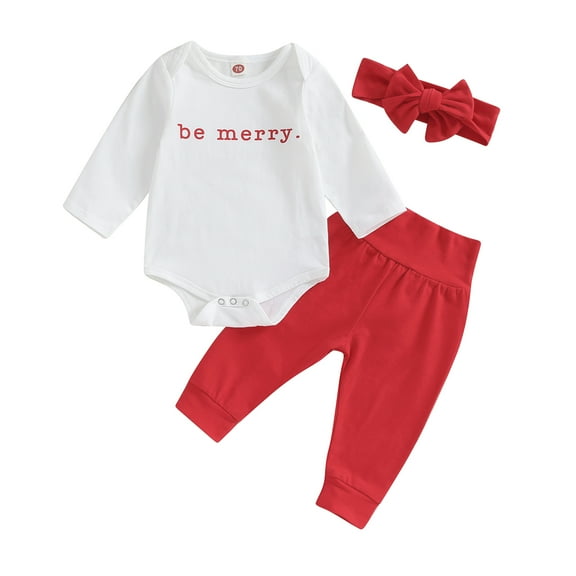 Christmas Pants Set 3M 6M 12M 18M Baby Girl Letter Print Romper and Solid Color Pants Headband Outfits Infant Clothing