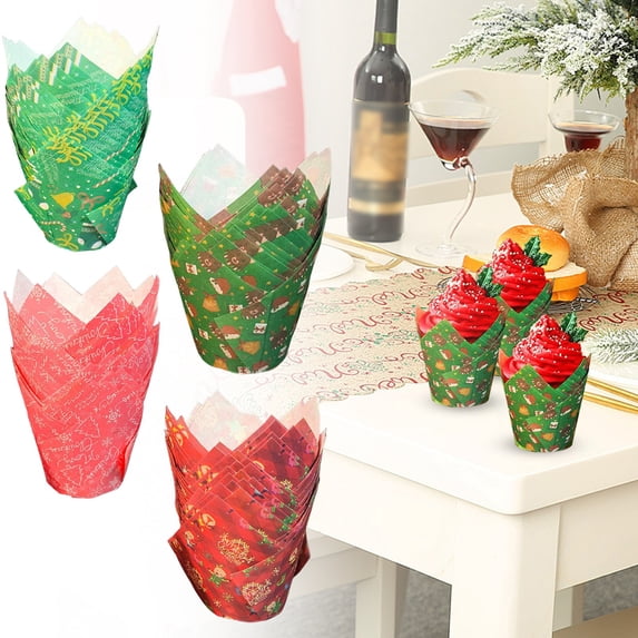 Christmas Paper Cup Liners 50-Pack, Standard Size Heat and Oil Resistant Baking Cups for Birthday Parties Christmas, Multicolor, One Size, Paper