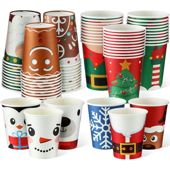 Christmas Paper Cups 9 oz Disposable Coffee Cup for Holiday Drinking Cocoa Tea Beverages Party, 12 Styles
