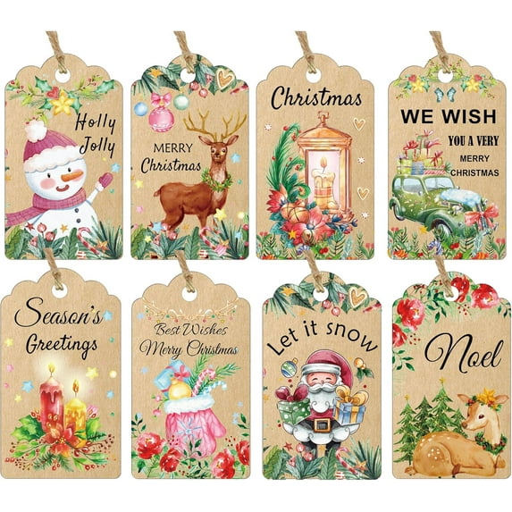 Christmas Paper Gift Tags Holiday Hang Name Tags Label with String 64pcs Christmas Santa Claus and Tree Card 2x3.5 Inch