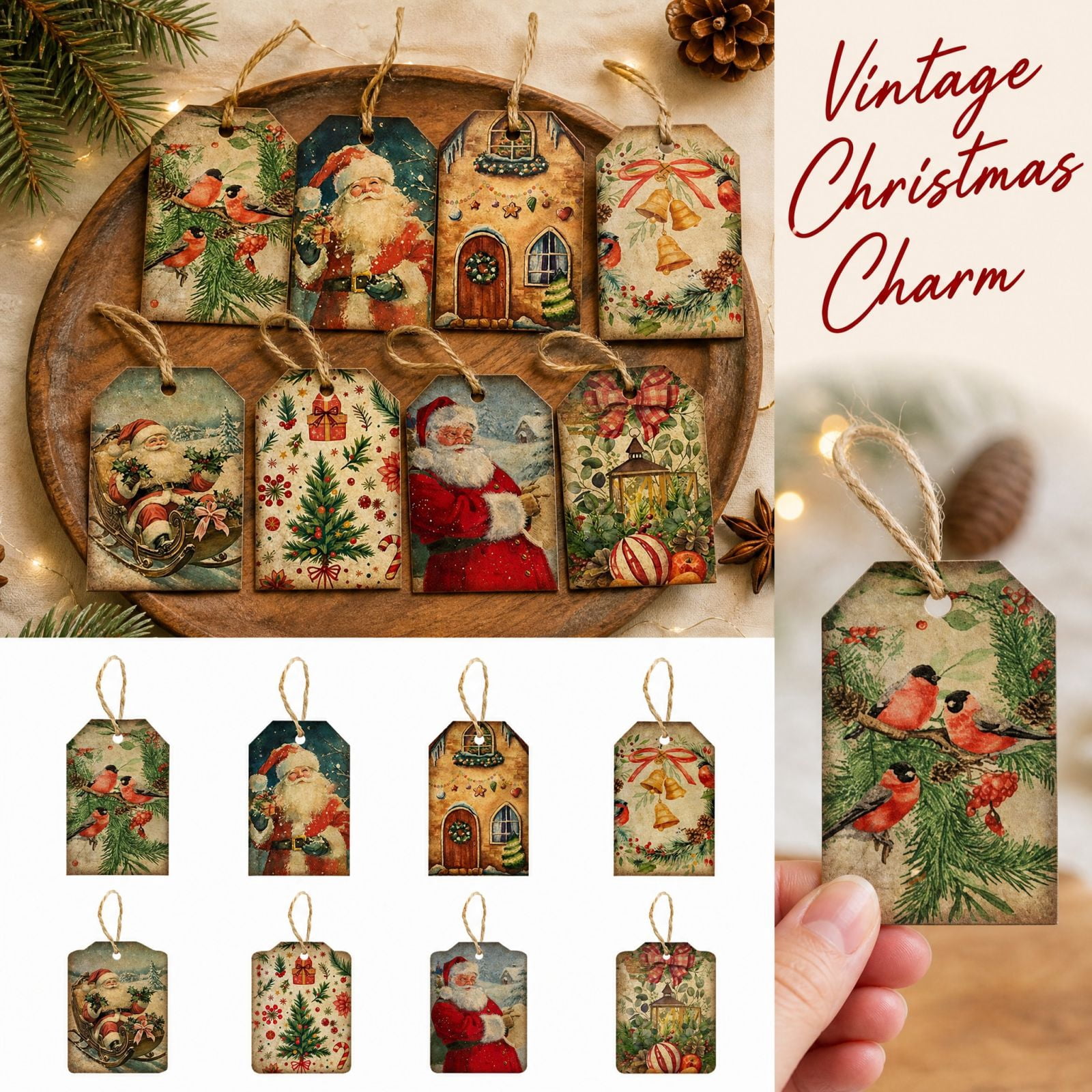 Christmas Paper Gift Tags with String Vintage Holiday Greenery Bell ...