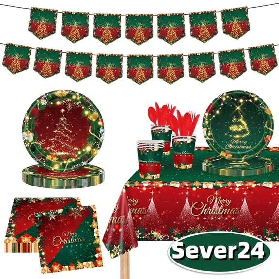 Christmas Paper Plates Disposable Tableware Set Christmas Party Supplies Xmas Tableware Decor Serve 24