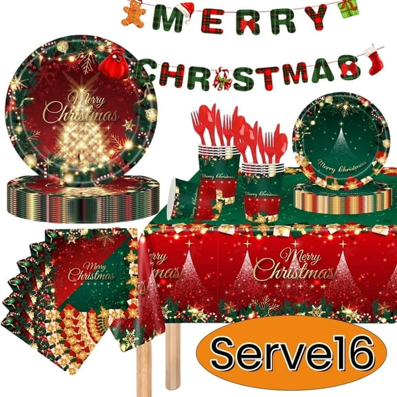 Christmas Paper Plates Christmas Tableware Dinnerware Christmas Party Supplies Disposable Plates Napkins Cups Cutlery Tablecloth Serve 16 Design1
