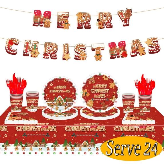 Christmas Paper Plates Gingerbread Man Dinnerware Disposable Banner Tablecloth for Christmas Party Decor Supplies Serve 24 Red