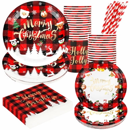 Christmas Paper Plates and Napkins Set, Disposable Holiday Foil Gold Paper Tableware for 24 Guests, Include 7” and 9” Plates, 7 oz Cups, Napkins and Straws