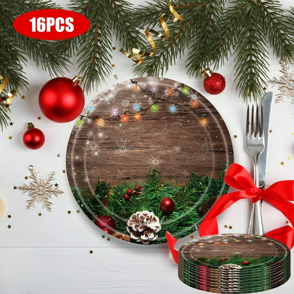 Christmas Paper Plates with Pine Cone, 9 inch Christmas Dinnerware Plate, Wooden Textured Christmas Disposable Dinning Plates, Wedding Birthday Party Family Dinnerware Supplies, BBQ Picnic Favor