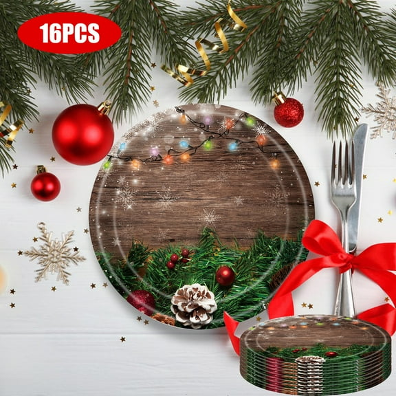 Christmas Paper Plates with Pine Cone, 9 inch Christmas Dinnerware Plate, Wooden Textured Christmas Disposable Dinning Plates, Wedding Birthday Party Family Dinnerware Supplies, BBQ Picnic Favor