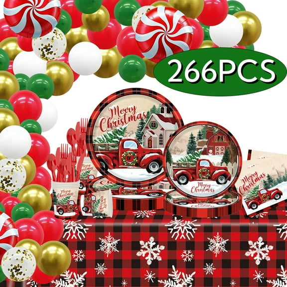 Christmas Paper Plates Disposable Dinnerware Tableware Christmas Party Supplies with Balloon Paper Product Cups Napkins Tablecloth Party Favors Serve 24