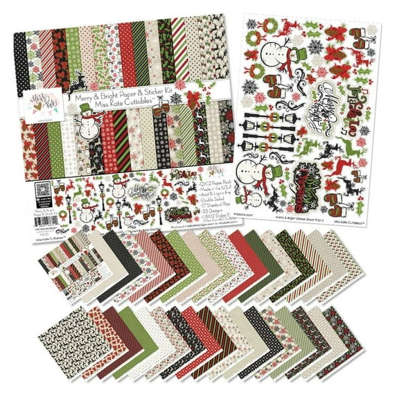 Christmas Paper & Sticker Kit - Merry & Bright - Scrapbook Supplies - 17 Double-Sided 12x12 Papers & 8x12 Sticker Sheet - Card Making, Crafting Tan,Green,Red 12-x-12-Inch