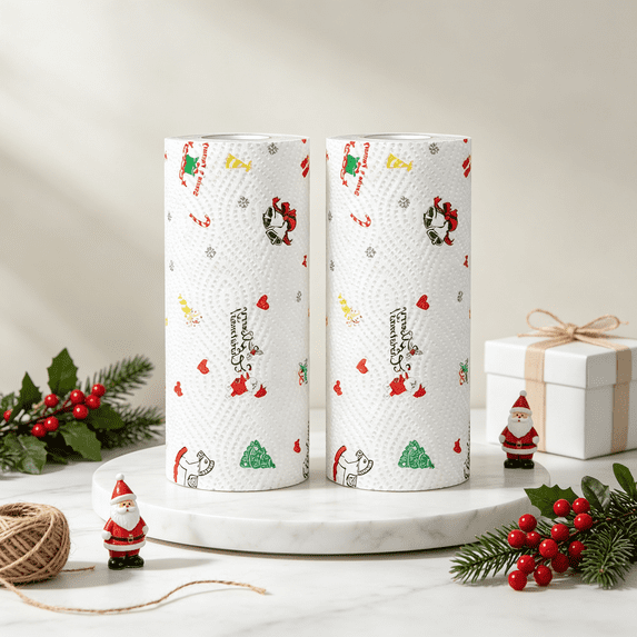 Christmas Paper Towels 2-Pack,Thick & Strong Absorbent Holiday Printed Paper Towels,Kitchen Roll for Festive Cleaning,Style-D