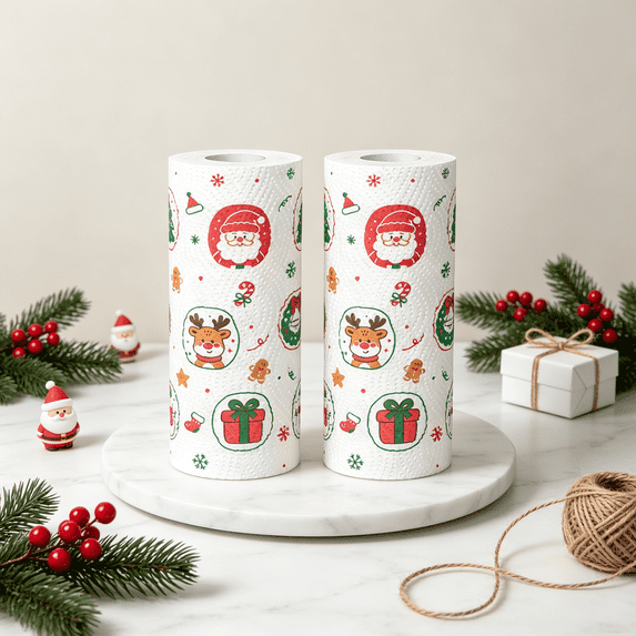 Christmas Paper Towels 2-Pack,Thick & Strong Absorbent Holiday Printed Paper Towels,Kitchen Roll for Festive Cleaning,Style-F