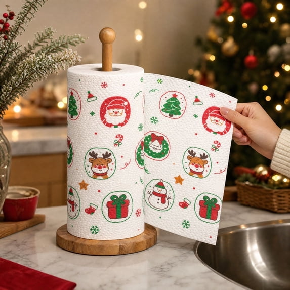 Christmas Paper Towels, 9.1"x3.5"x3.5", Thick & Strong Absorbent, Holiday Santa Claus Reindeer Printed Paper Towels, Kitchen Roll for Festive Cleaning, 40 sheets per roll