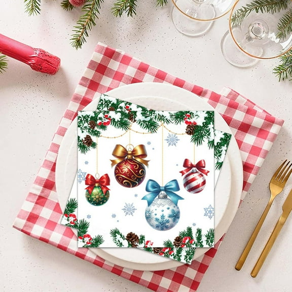 Christmas Paper Towels Disposable Napkins - Holiday Tableware Christmas Ball Print Napkins, Festive Decorative Paper Towels for Holiday Dinner Family Gathering