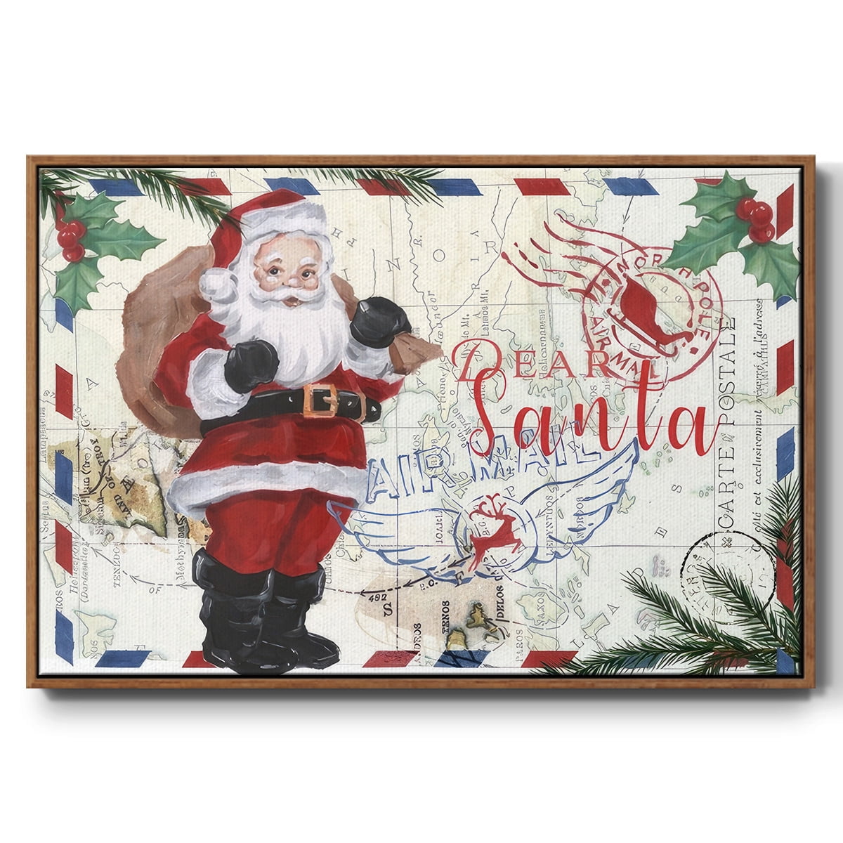 Christmas Par Avion Collection A - Framed Gallery Wrapped Holiday Canvas - 17 x 25 - Rosewood Frame