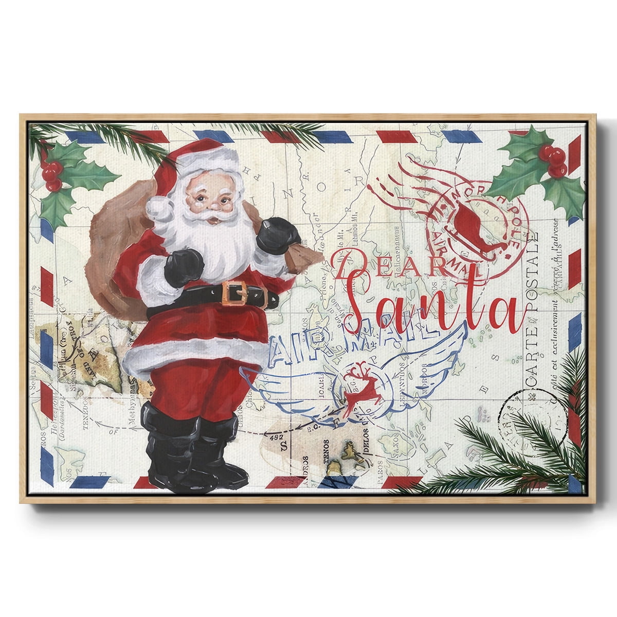 Christmas Par Avion Collection A - Framed Gallery Wrapped Holiday Canvas - 27 x 41 - Natural Wood Frame