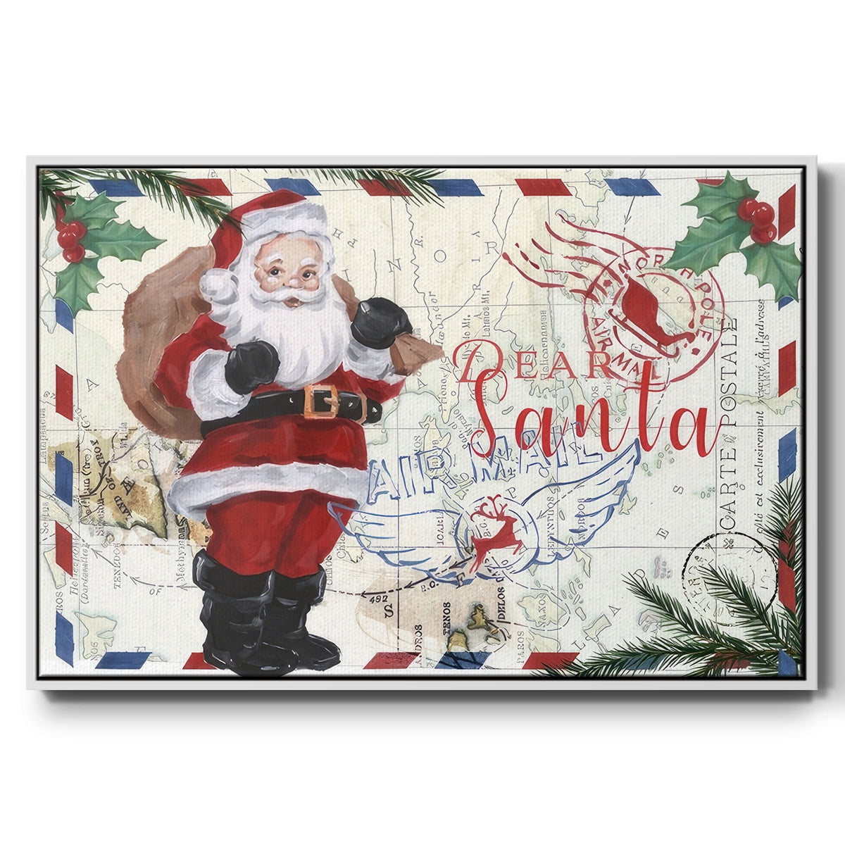 Christmas Par Avion Collection A - Framed Gallery Wrapped Holiday Canvas - 27 x 41 - White Frame